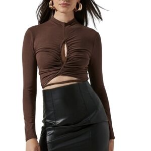ASTR The Label Brown Long Sleeve Cut Out Tie Wrap Crop Top